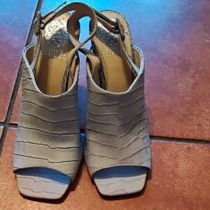 Vince Camuto Light Gray Croc-Embossed Peep-Toe Slingback Heels